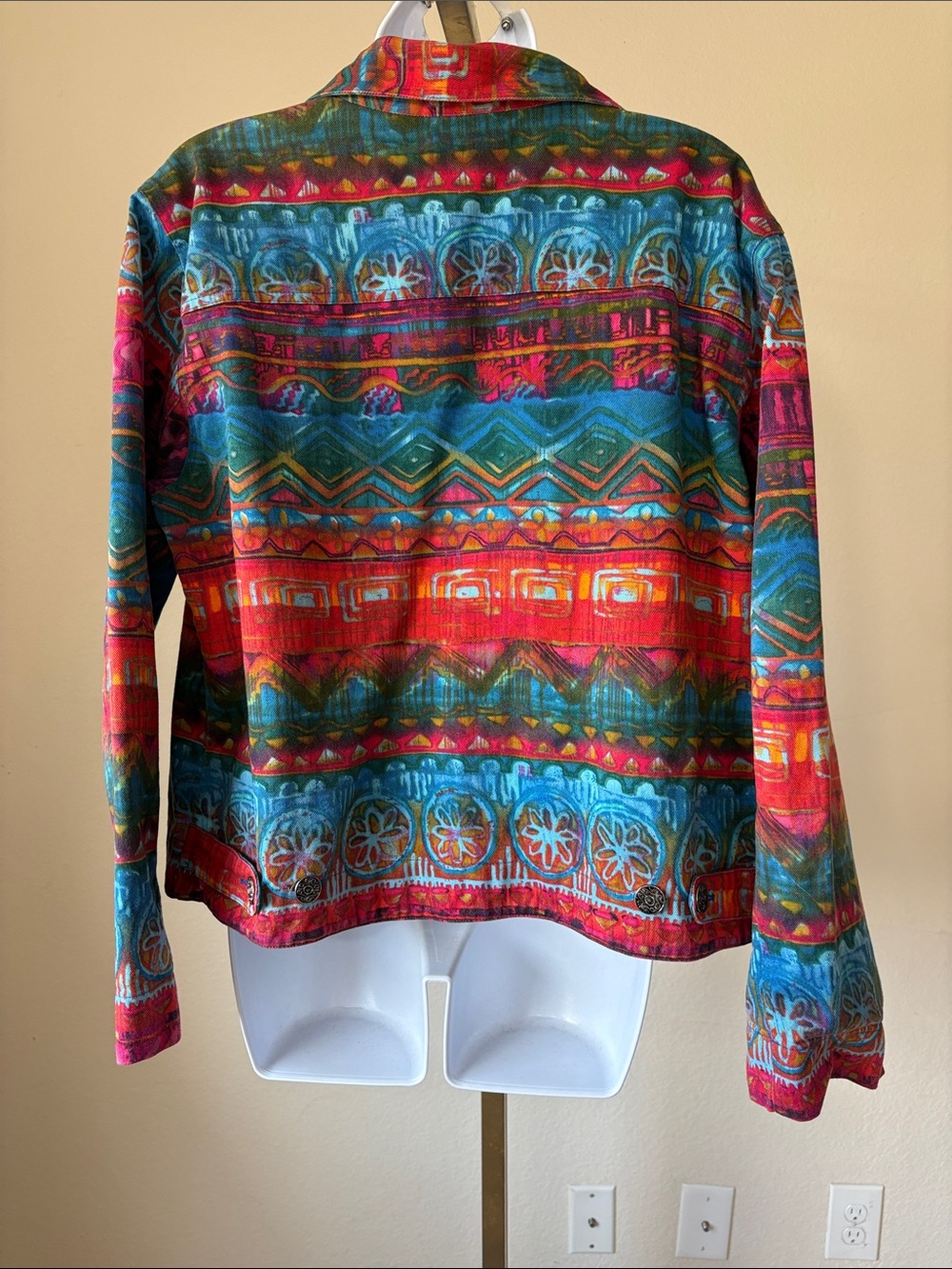 Chico's Multicolor Tribal-Print Jean Jacket - Red, Blue, Green, Pink - Picture 5 of 7